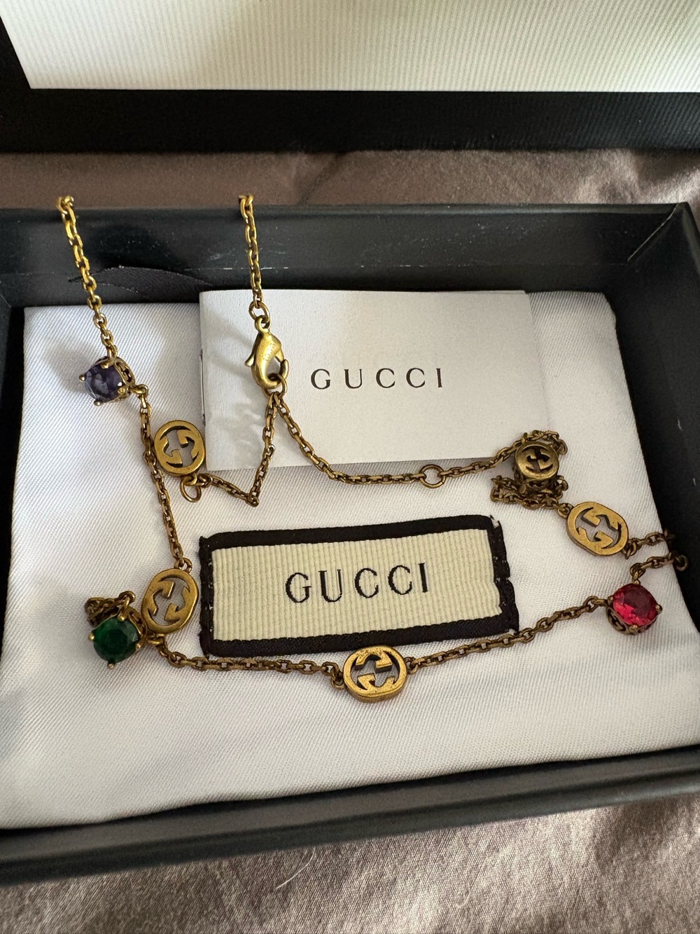 Gucci Old Gold-Tone Chain Necklace with Green, Red and Purple Gem Charms 20” - Picture 1 of 8